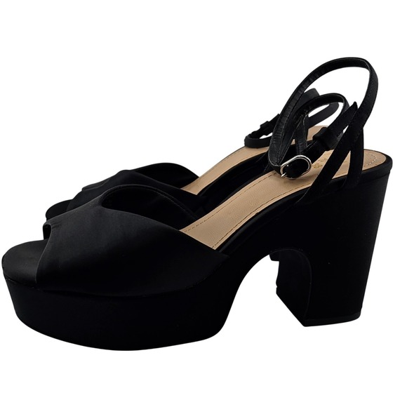 H&M Black Satin Platform Sandals Sz 38 US 7.5–8 Chunky Block Heel  Dress Shoes - Picture 2 of 6